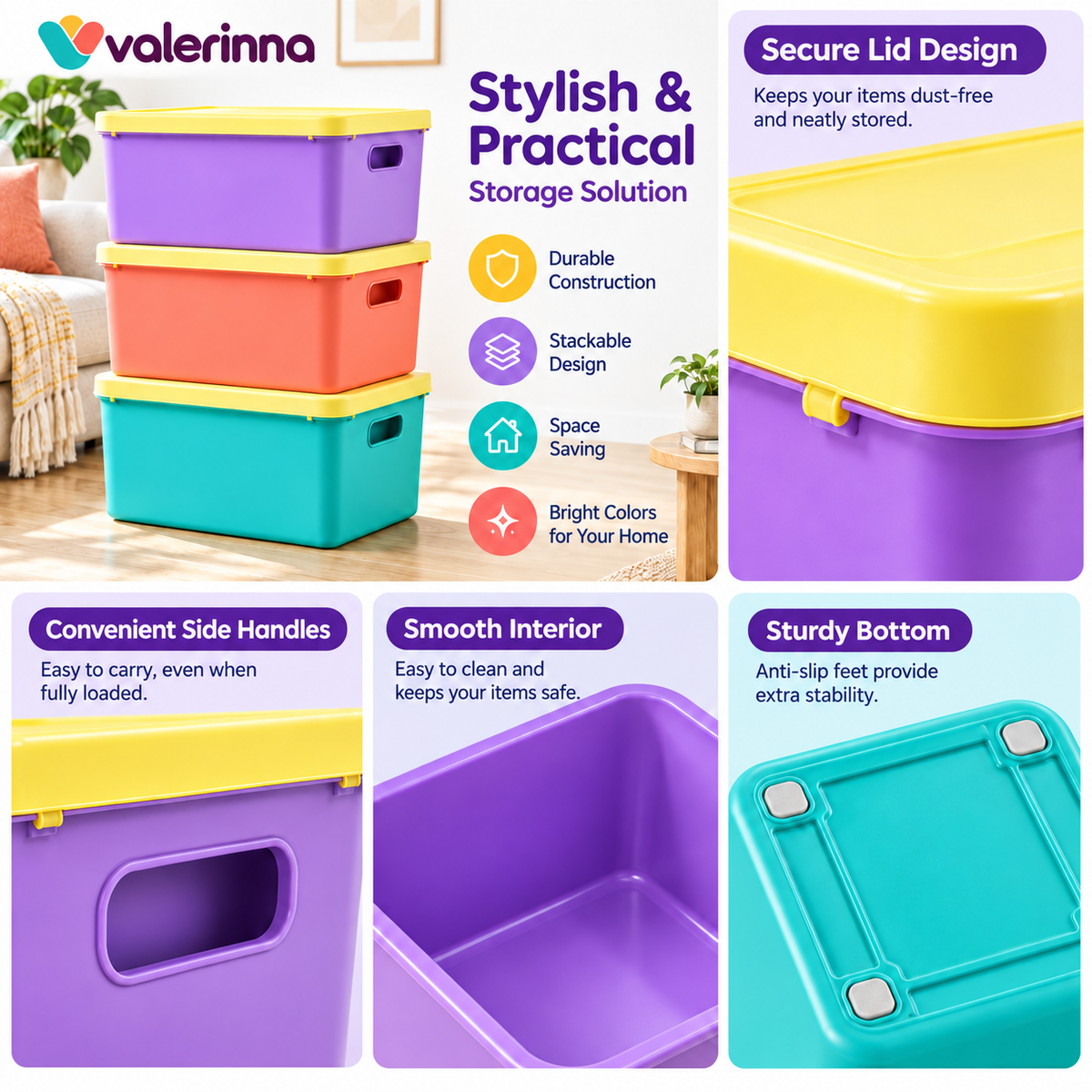 valerinna Colorful Stackable Storage Bins with Lids – Set of 3 — Product image 3