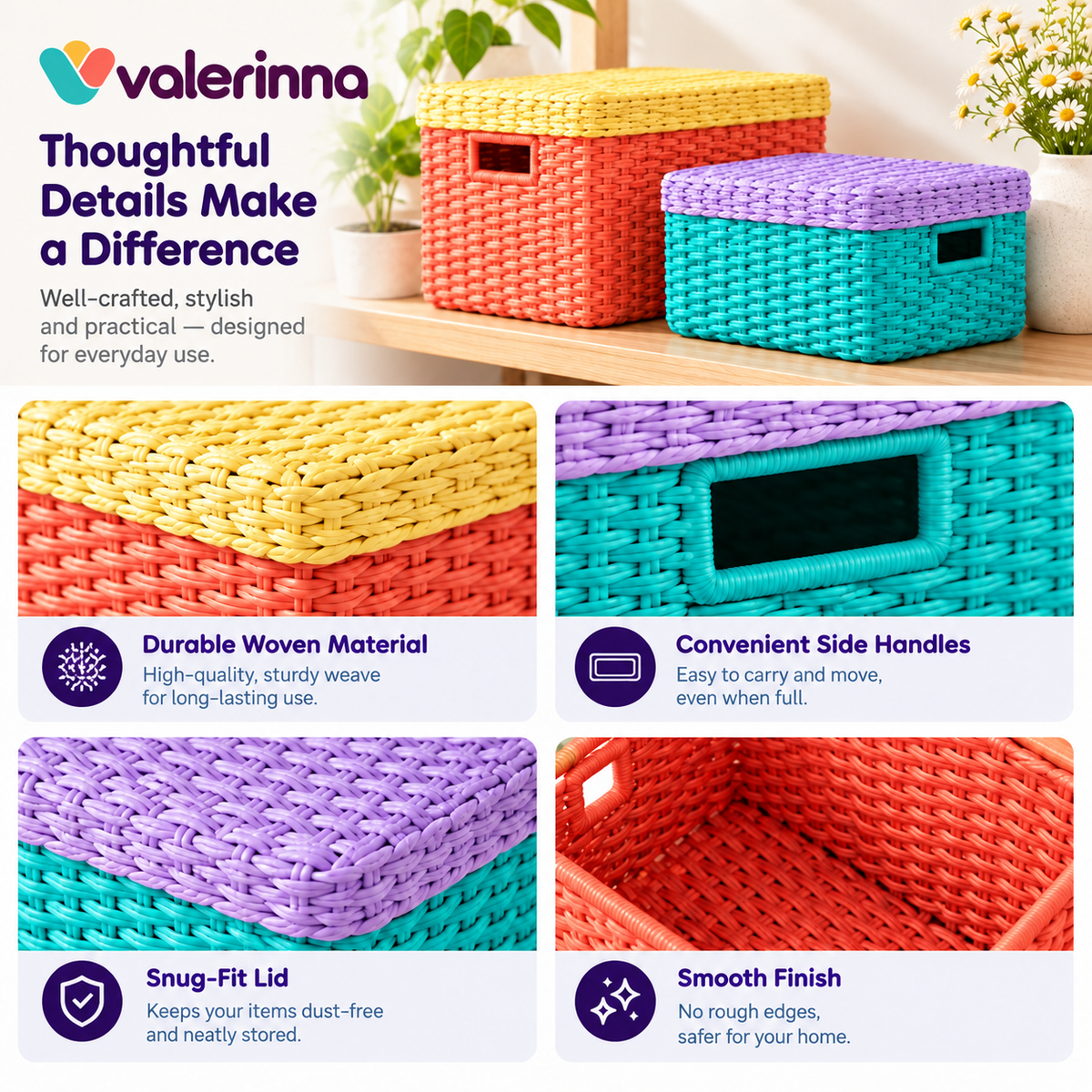 valerinna Colorful Woven Storage Baskets with Lids – Set of 2 — Product image 3