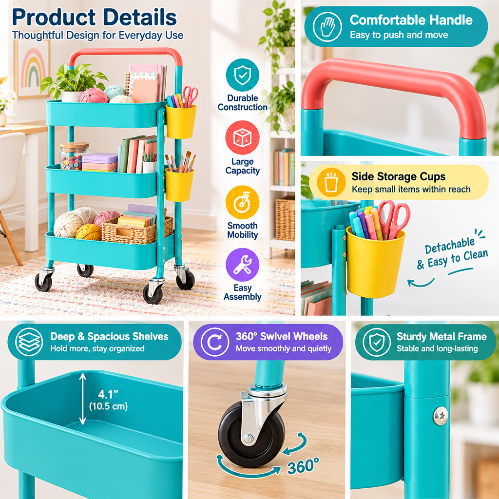 valerinna 3-Tier Utility Cart with Side Cups — Product image 3